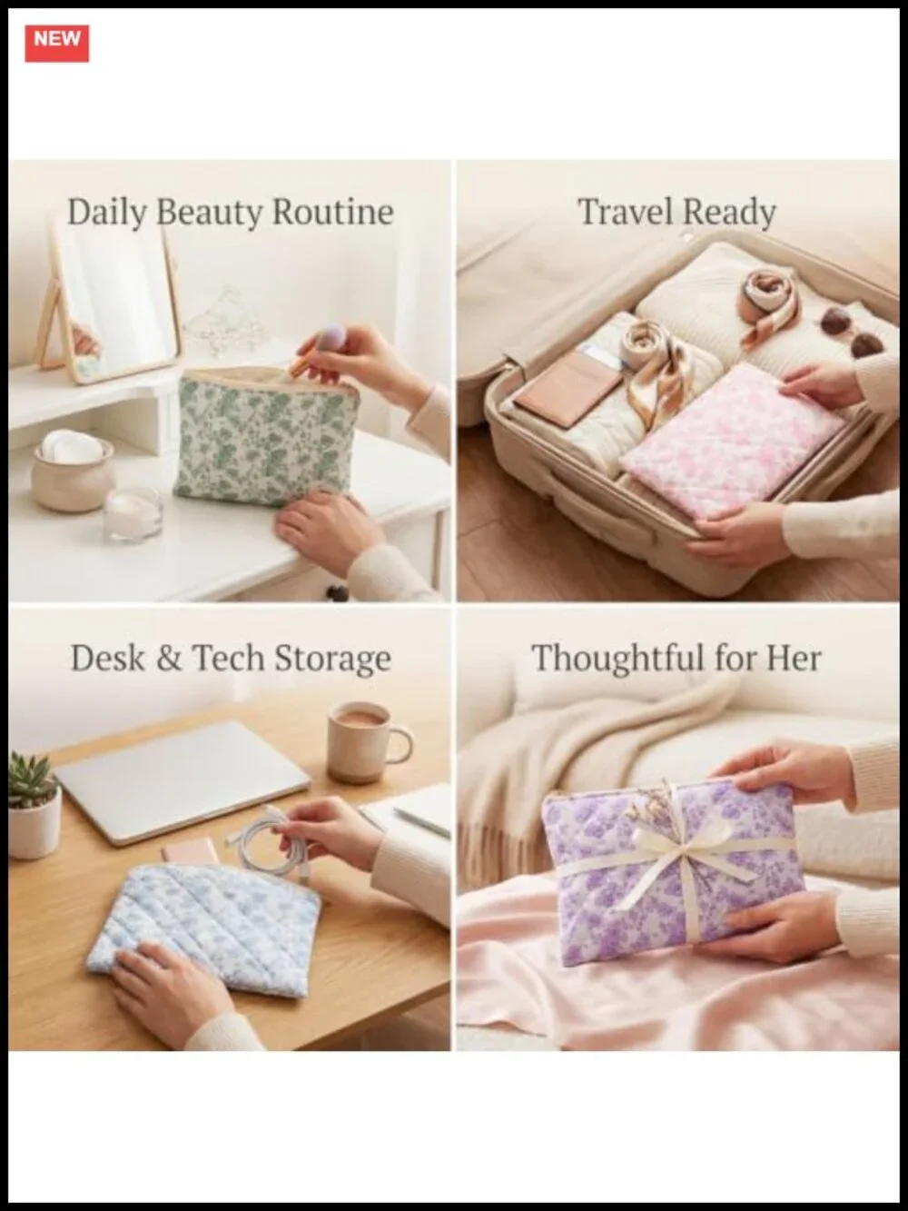 Floral Cotton Cosmetic Bags 4-Pack - Makeup Pouches Travel Organizer
